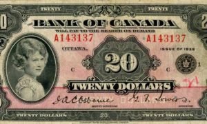 A primeira vez da Rainha Elizabeth II: aos 8 anos, numa nota de 20 dólares canadenses, em 1934